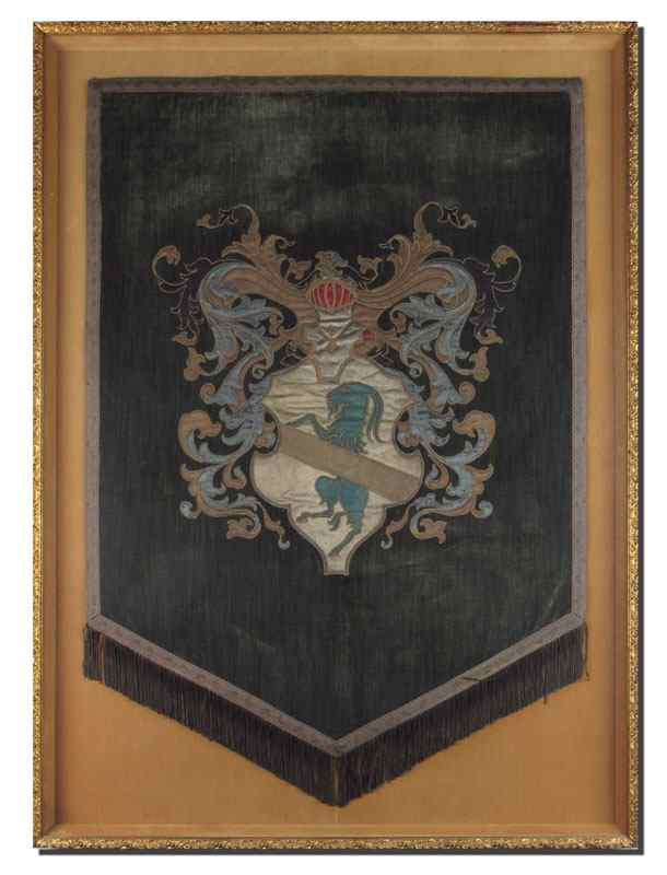 Appraisal: HERALDIC COAT OF ARMS IN FRAME Azure rampant goat on