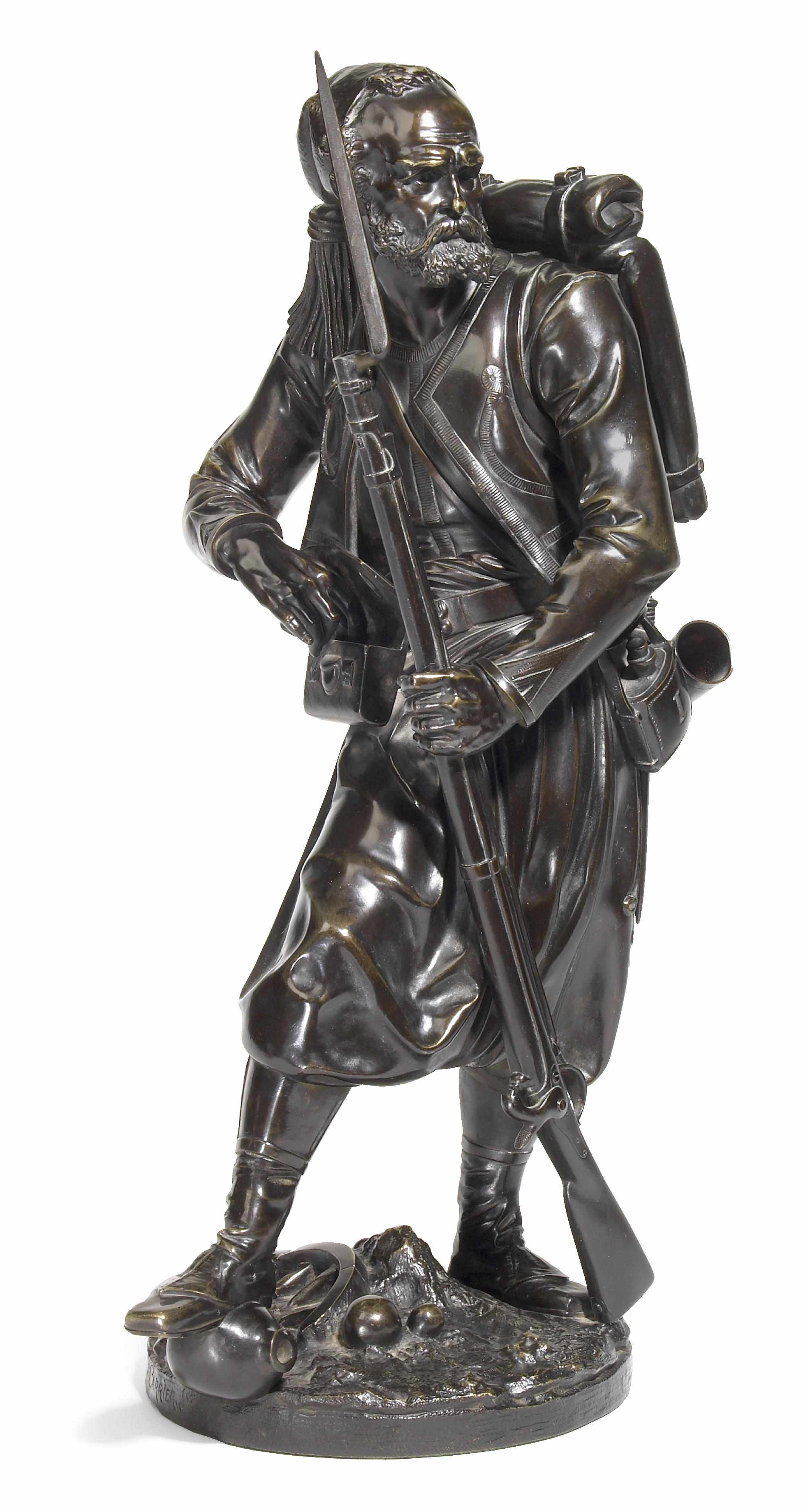 Appraisal: A French patinated bronze figure of a soldier after a