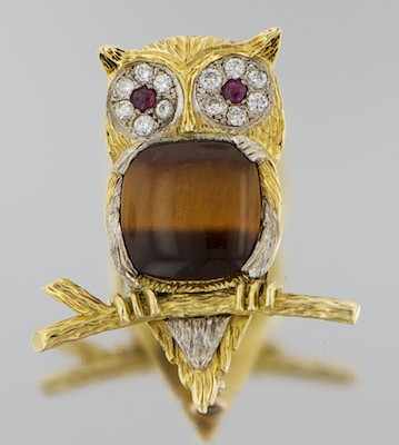 Appraisal: A Charming k Gold Tiger Eye and Diamond Owl Brooch