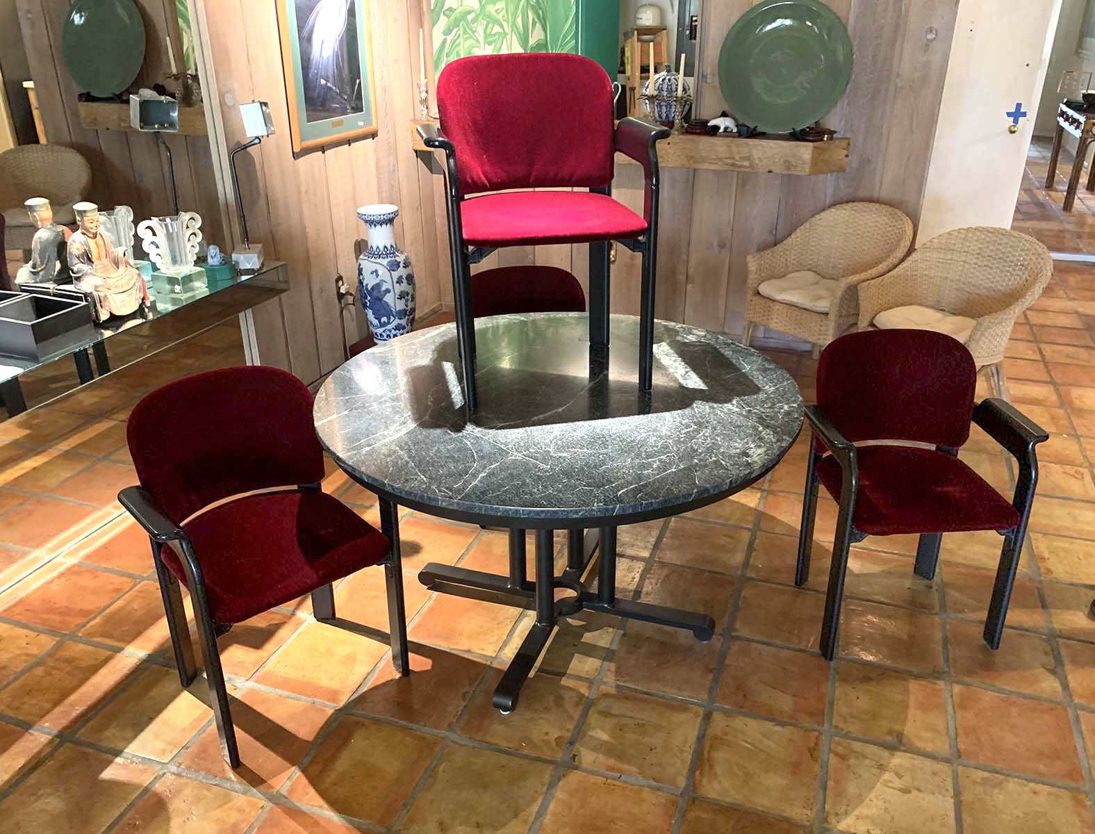 Appraisal: PC STUHLE MARBLE TOP DINING TABLE AND CHAIRS Highly grained