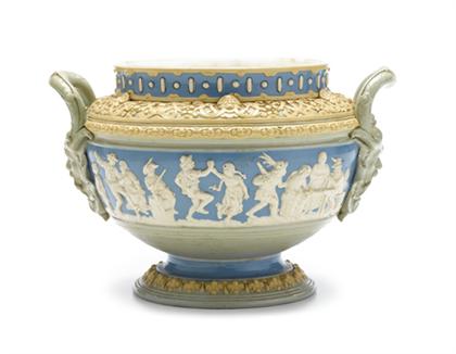 Appraisal: Wedgwood Mettlach twin handled jardiniere H in W in PROVENANCE