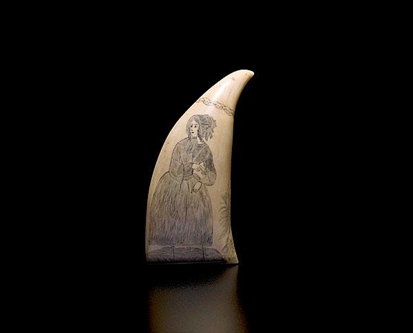 Appraisal: WHALE'S TOOTH WITH SCRIMSHAWED WOMEN'S PORTRAITS American ca - A