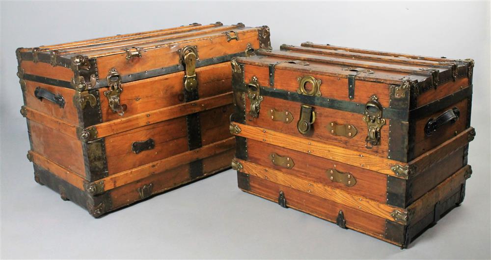 Appraisal: TWO HINGED TOP WOODEN TRUNKS large trunk -- h x