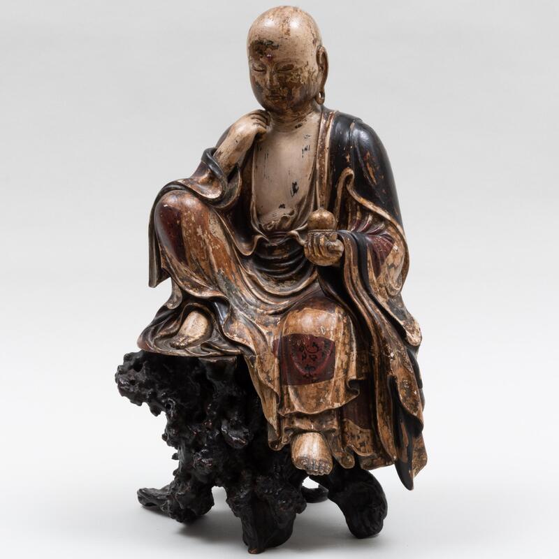 Appraisal: Japanese Lacquered Wood Sculpture of Jizo on a Rootwood Stand