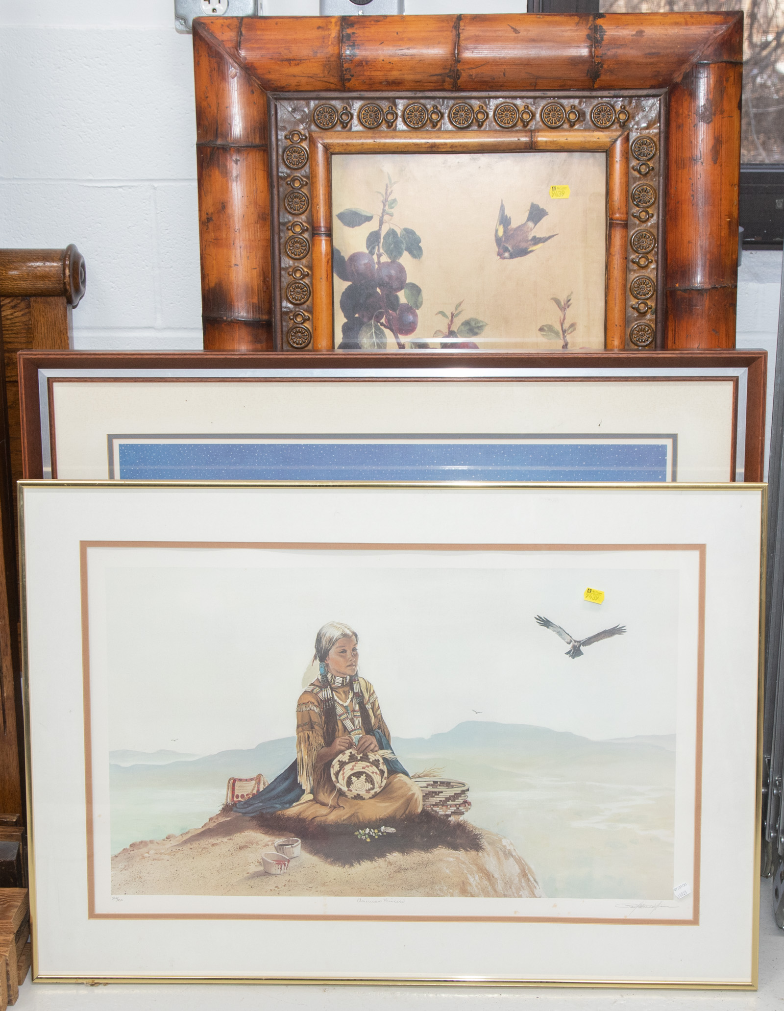 Appraisal: THREE FRAMED DECORATIVE ARTWORKS Includes a large framed American Indian