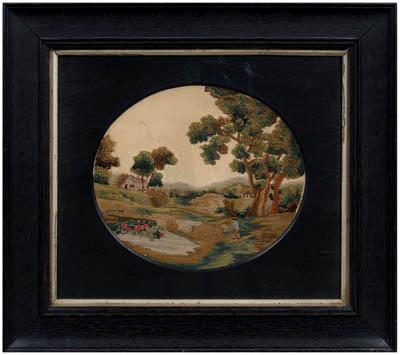 Appraisal: Finely stitched embroidered landscape circular view of landscape with rolling