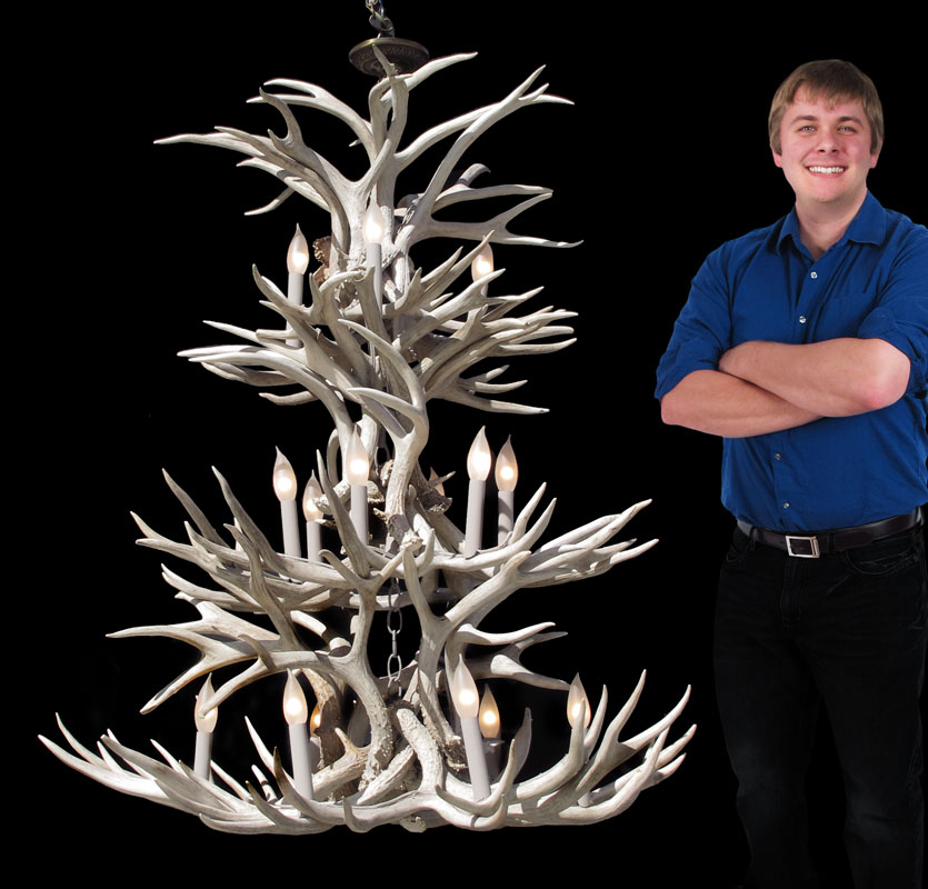 Appraisal: CASCADING MULE DEER ANTLER CHANDELIER level light '' h x