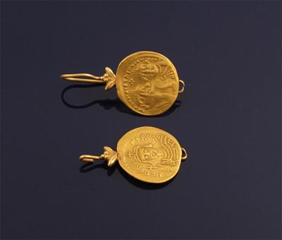 Appraisal: A pair of gold coin earrings Both coins reputed to