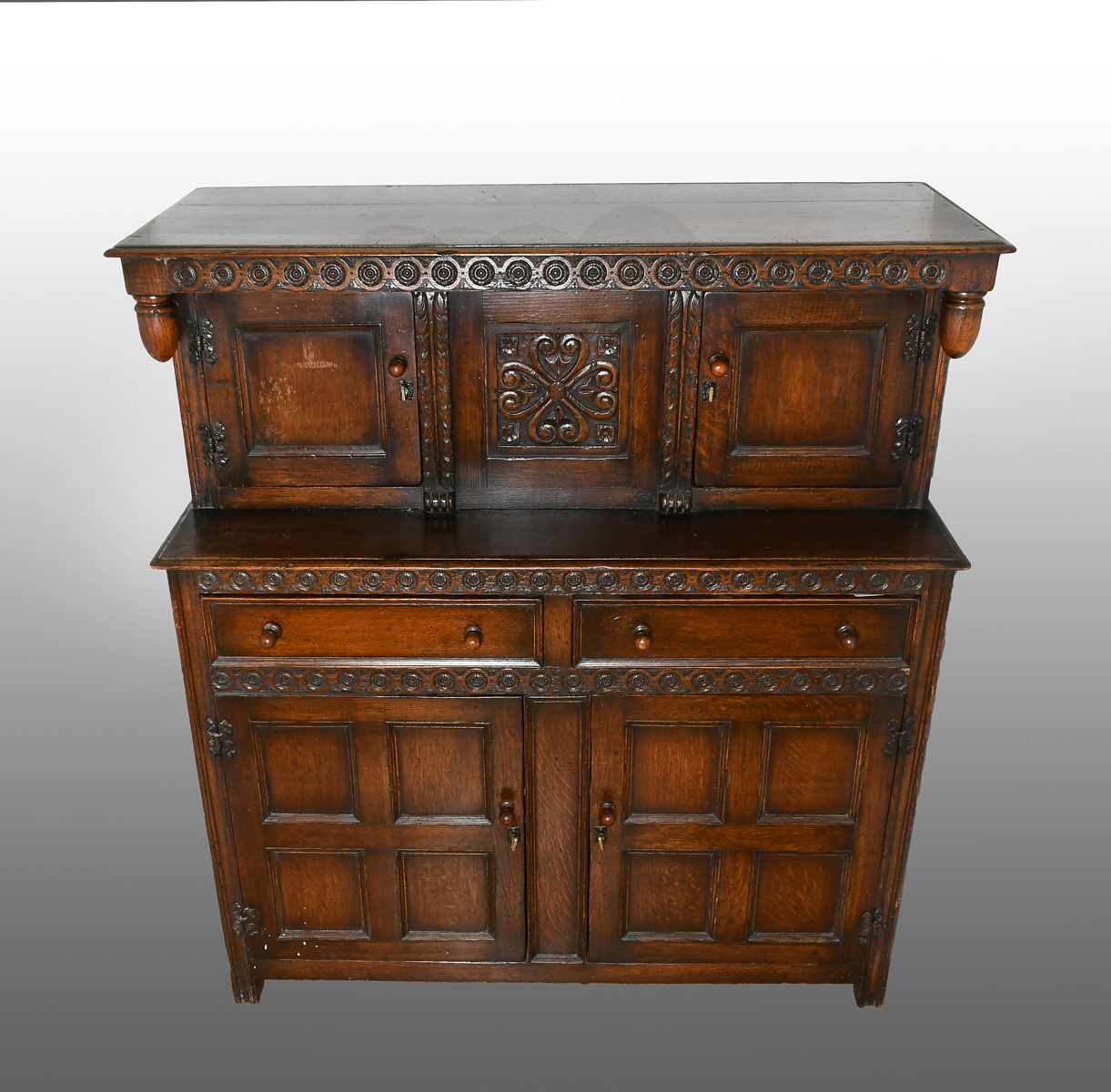 Appraisal: ENGLISH EDWARDIAN STEP-BACK CREDENZA drawer door Edwardian step-back credenza by