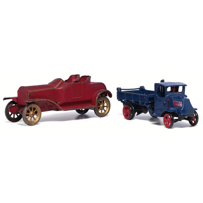 Appraisal: English convertible roadster and Americana dump truck with driver pepainted