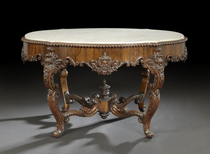 Appraisal: Monumental American Rococo Revival Rosewood and Marble-Top Center Table third