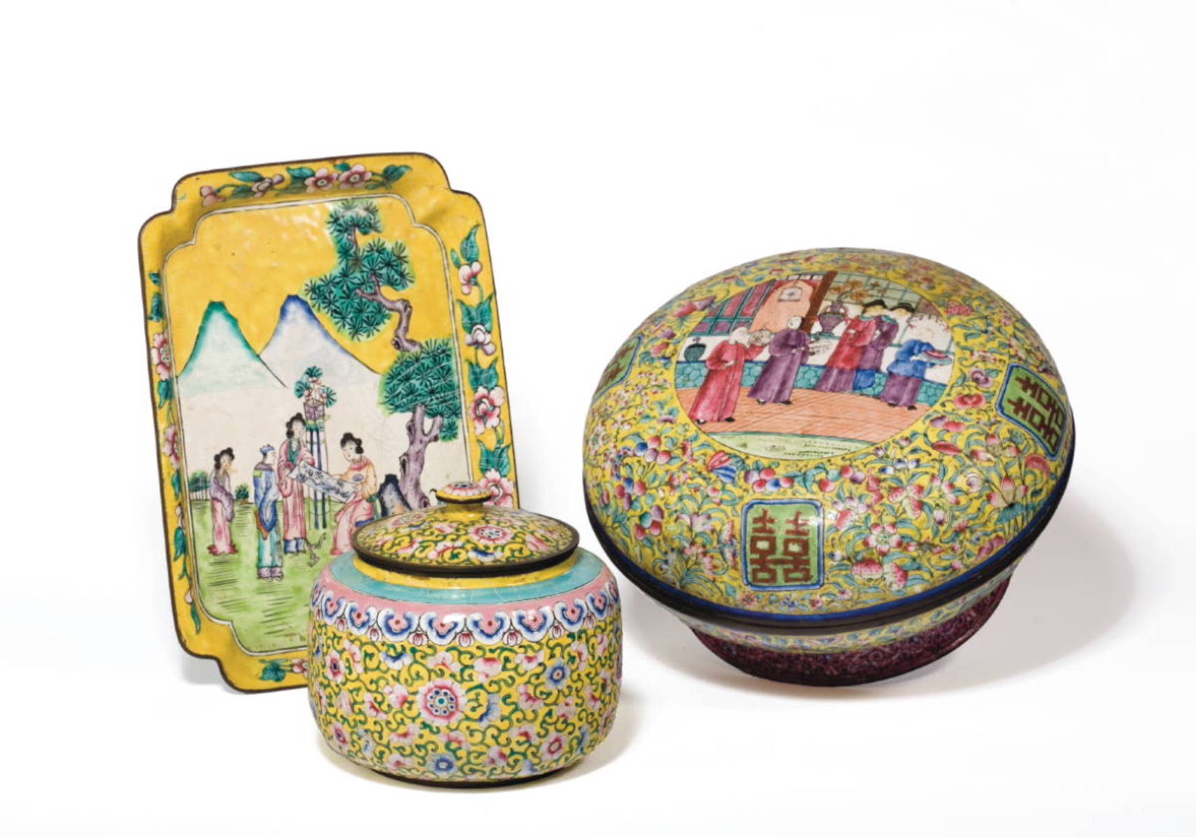 Appraisal: COLLECTION OF YELLOW GROUND CANTON ENAMEL TABLE OBJECTS INCLUDING A