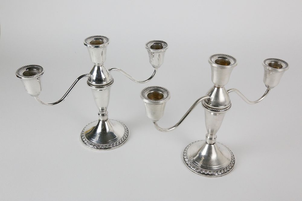 Appraisal: Pair of Sterling Silver Three-Light Candelabra Pair of Sterling Silver