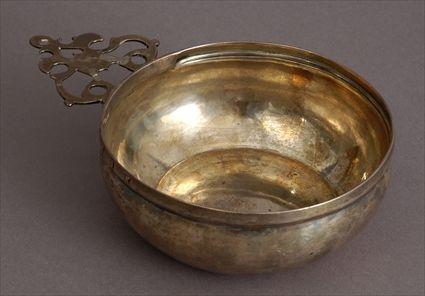 Appraisal: QUEEN ANNE SILVER PORRINGER Marks rubbed London the swelling bowl