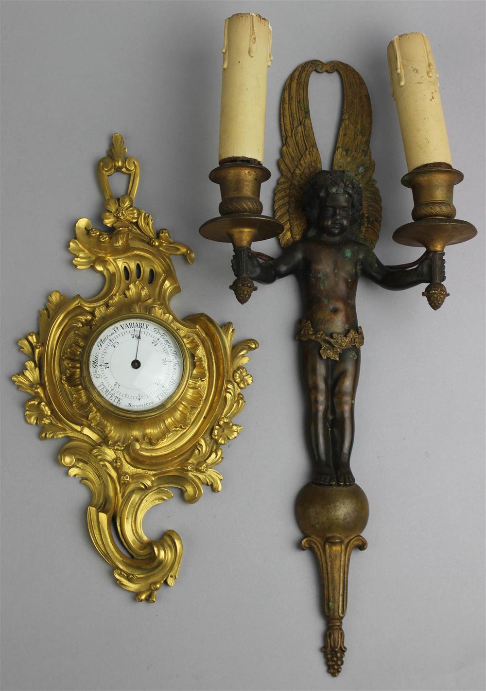 Appraisal: LOUIS XV STYLE GILT BRONZE SMALL CARTEL BAROMETER AND AN