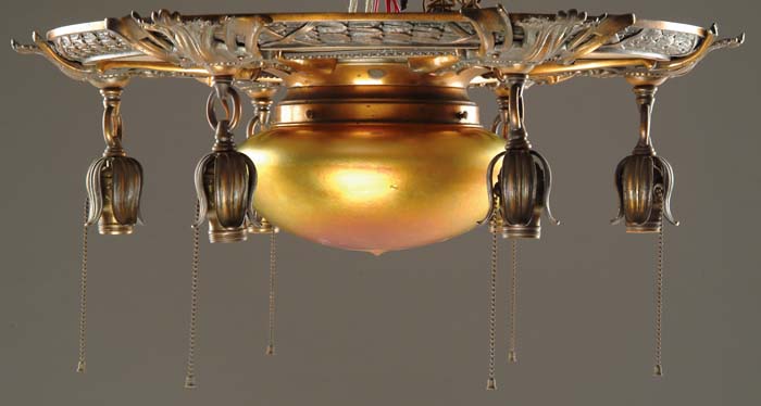 Appraisal: QUEZAL CEILING FIXTURE Outstanding ceiling fixture has gilded metal frame