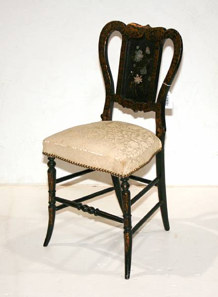 Appraisal: A Victorian shell inlaid ebonized papier mache side chair mid