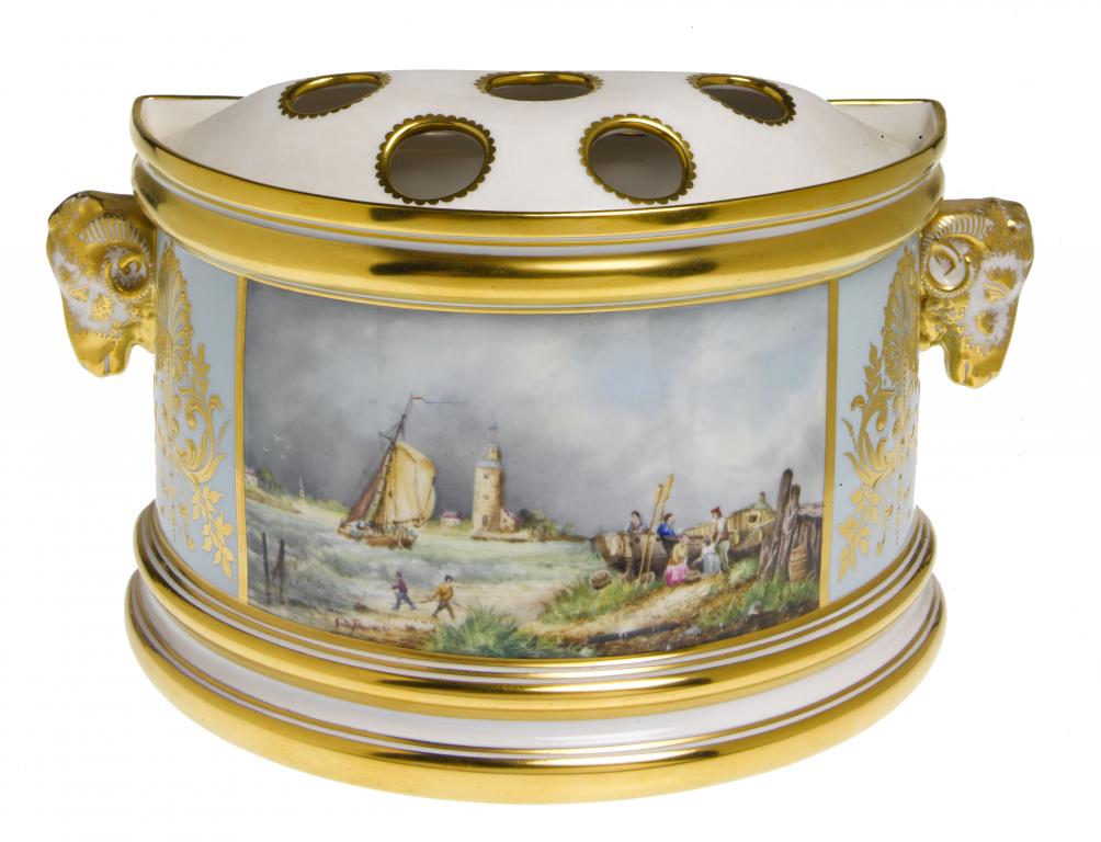 Appraisal: A SEMI CIRCULAR BOUGH POT AND COVER with gilt ram's