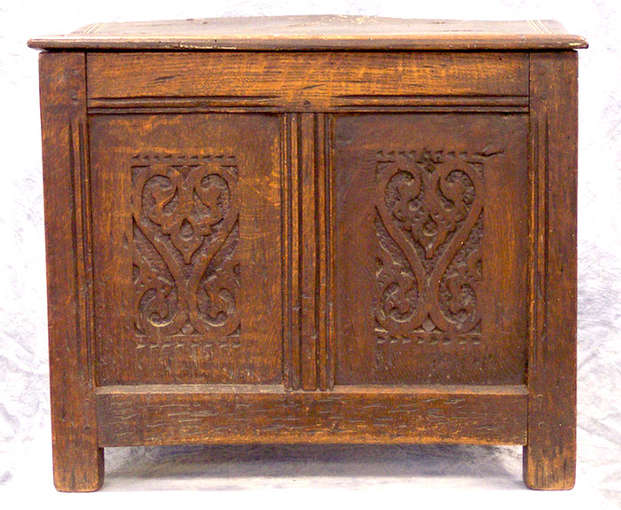 Appraisal: Relief carved English oak storage box paneled construction w d