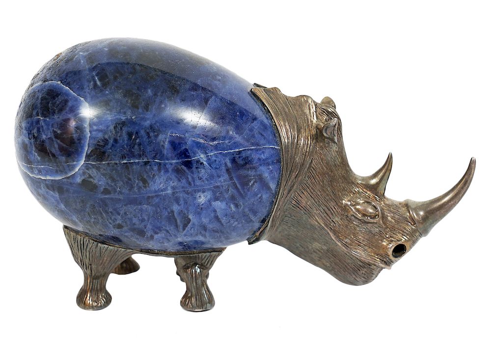 Appraisal: Sterling Lapis Signed Rhinoceros Paper Weight Rhinoceros with lapis egg