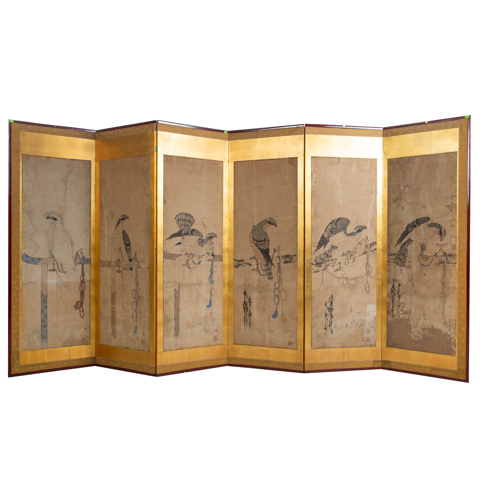 Appraisal: JAPANESE TETHERED HAWK FOLDING SCREEN Meiji Period th century in