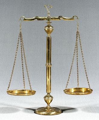 Appraisal: Floor model brass balance scales two pans urn supports probably