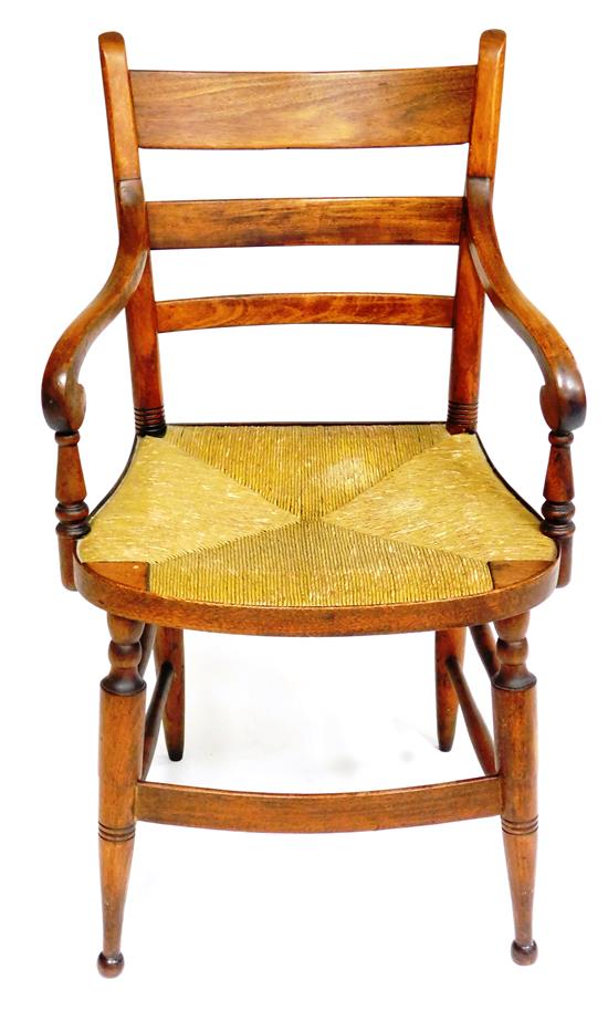 Appraisal: Sheraton arm chair stained finish scrolled arms rush seat turned