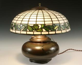 Appraisal: LEADED GLASS LAMP Circa White Spiderweb and Ivy Banded Domed