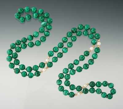 Appraisal: A Ladies' Malachite and Pearl Necklace Continuous strand of malachite