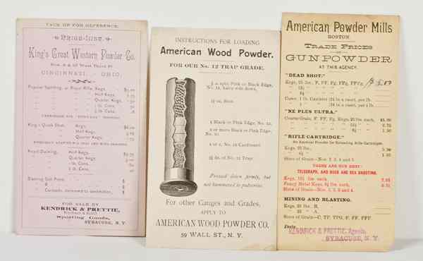 Appraisal: Gunpowder Trade Cards Lot of Three Includes American Powder Mills