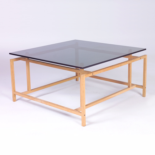 Appraisal: DANISH Architectural-style oak coffee table with smoked glass top Unmarked