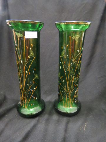 Appraisal: Pair of Enameled Art Glass Vases enameled florals circa