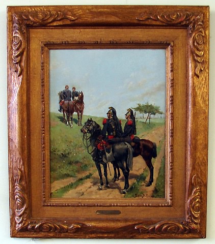 Appraisal: Waiting two pair of soldiers on horse back oil on