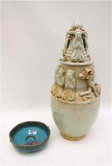 Appraisal: TWO CHINESE POTTERY PIECES covered jar with applied figures and