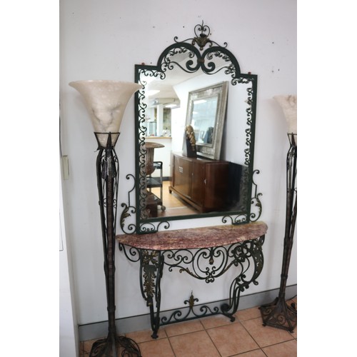 Appraisal: Vintage French marble topped wrought iron console table and matching