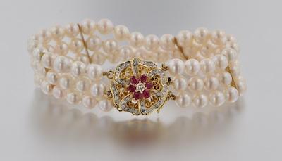 Appraisal: A Ladies' Cultured Pearl Gold Diamond and Ruby Bracelet k