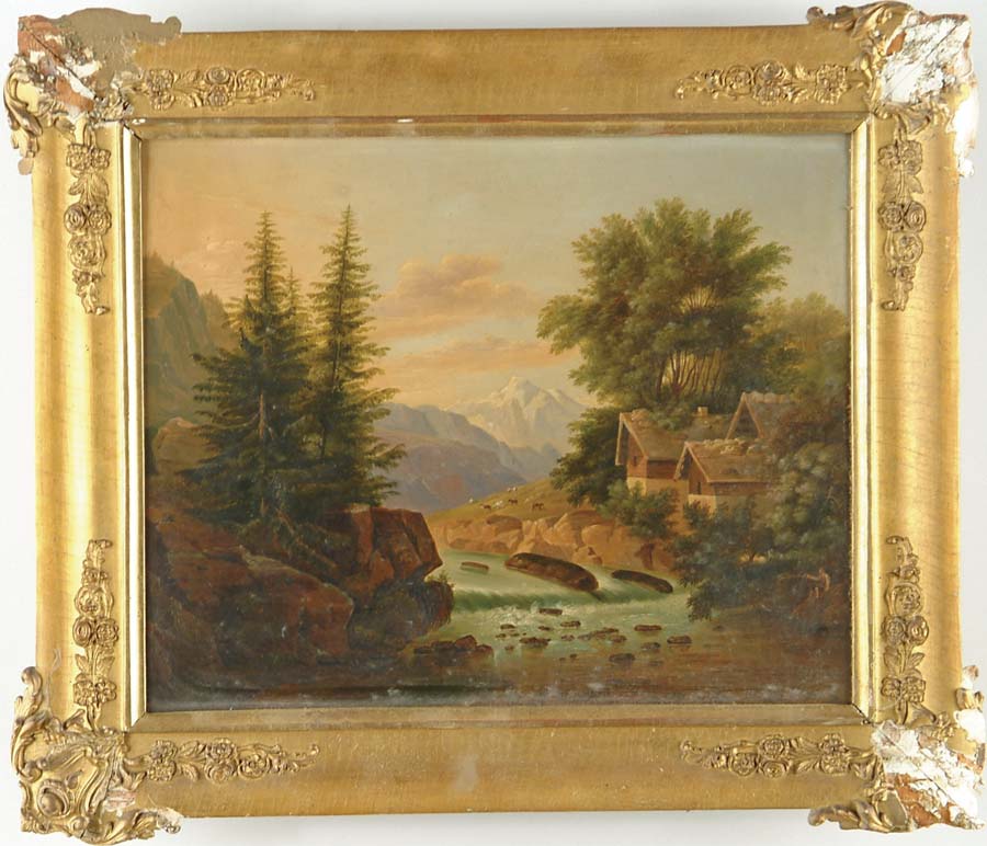 Appraisal: UNSIGNED th Century FISHING AT THE WATERFALL Oil on tin