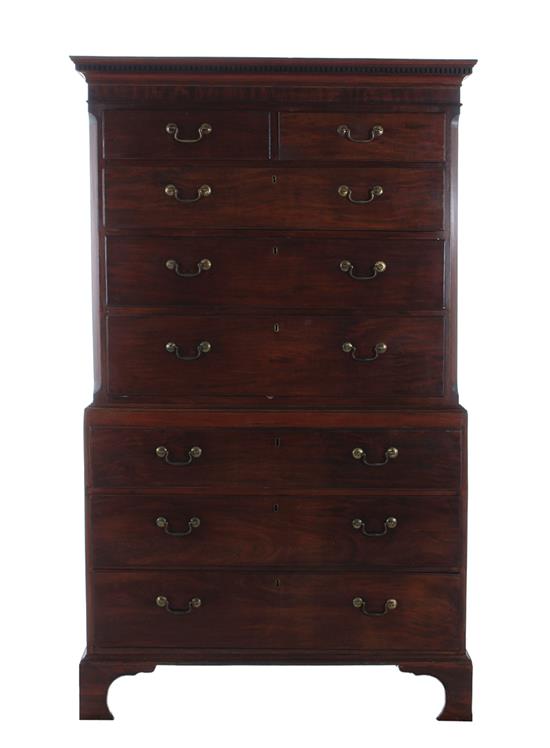 Appraisal: Georgian inlaid mahogany chest on chest circa dentil-molded crown chamfered