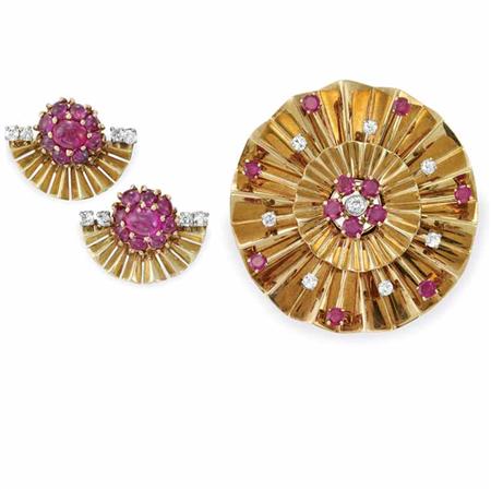 Appraisal: Gold Ruby and Diamond Brooch and Pair of Earclips Estimate