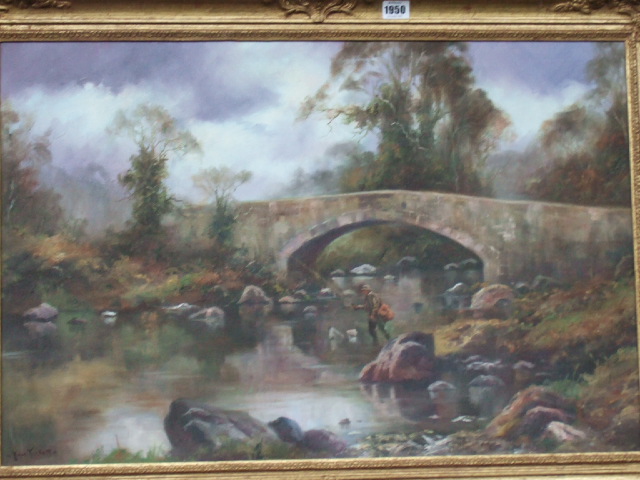 Appraisal: John Trickett contemporary An angler near a bridge oil on