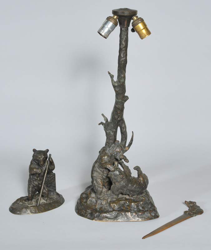 Appraisal: German Bronze Bear Lamp with matching match holder and letter