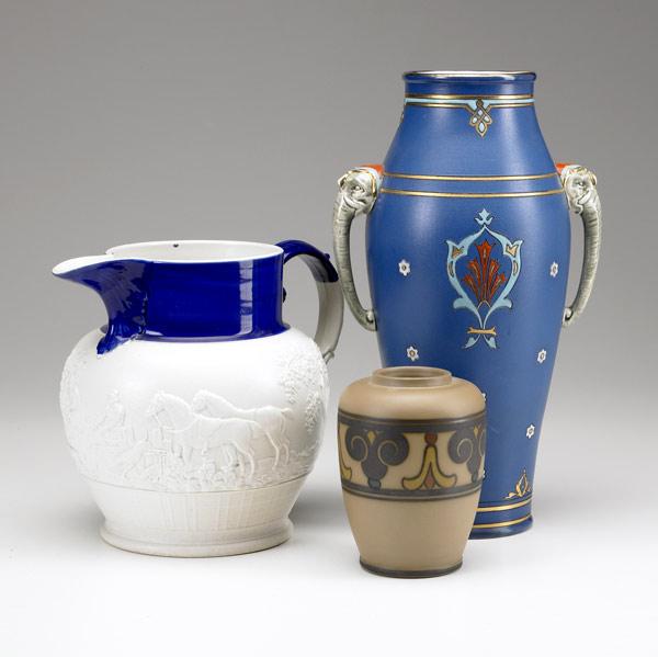 Appraisal: METTLACH Etc Three assorted vessels Mettlach Indian-inspired baluster vase with