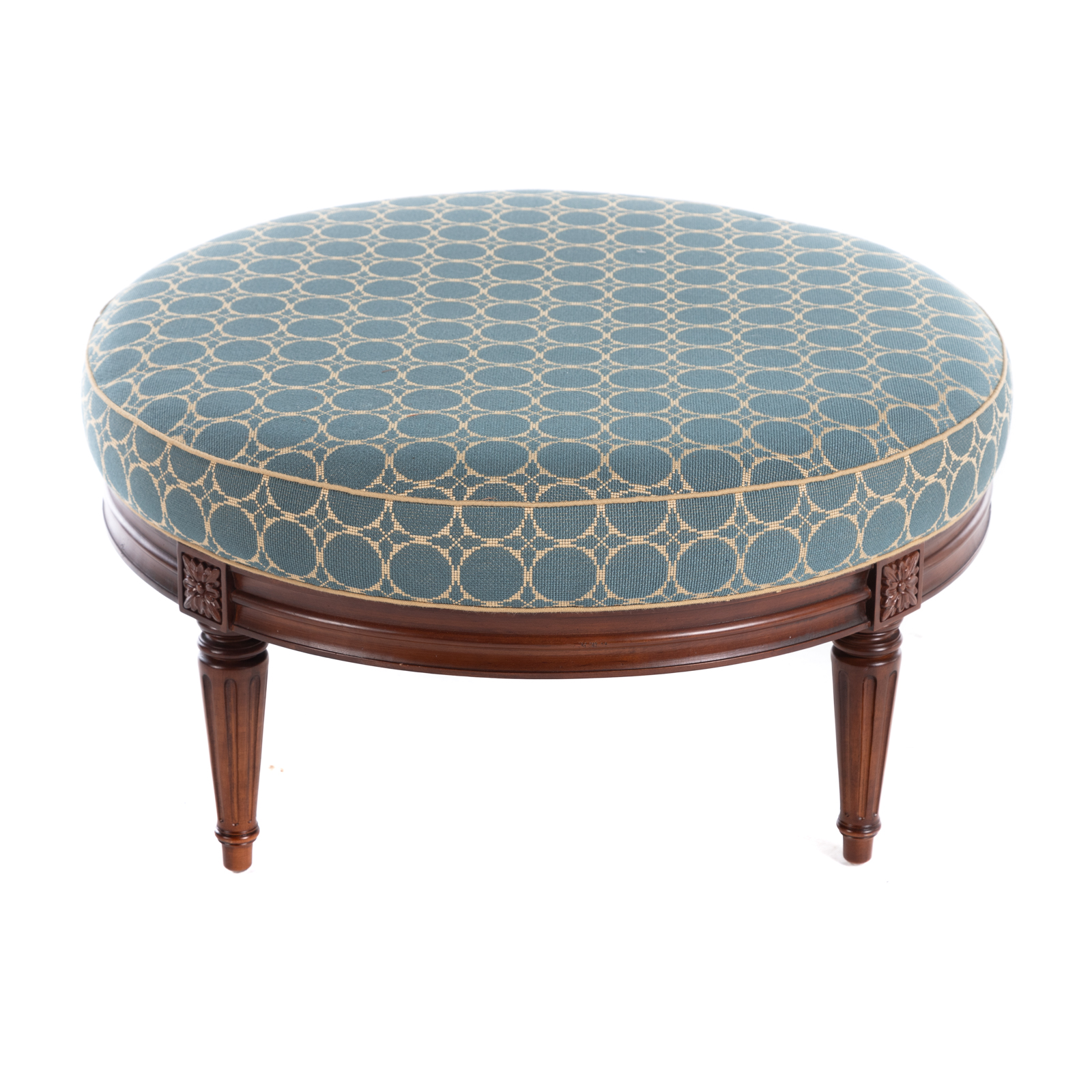 Appraisal: HICKORY CHAIR UPHOLSTERED OTTOMAN st century Louis XV style circular