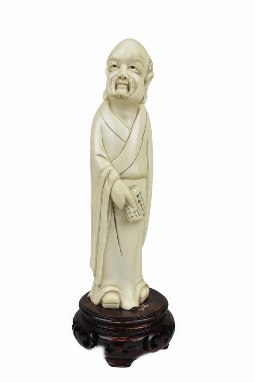 Appraisal: CHINESE FIGURE OF SCHOLAR holding a scroll on a wood