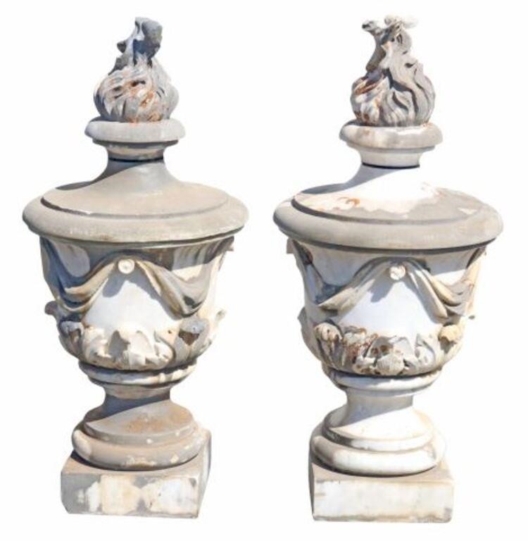 Appraisal: pair Marble garden statuary flaming urns having flame finial on