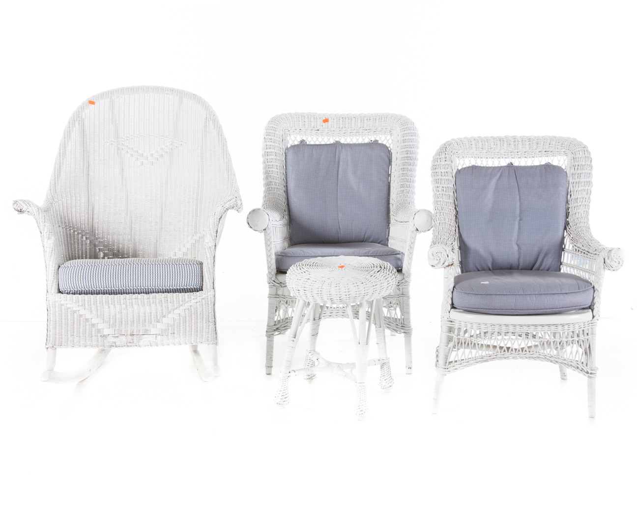 Appraisal: Painted wicker -piece patio set comprising rocker armchairs and side