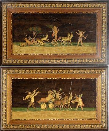 Appraisal: Two Continental Marquetry Pictures with Classical Scenes x in