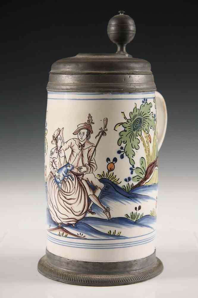 Appraisal: DELFT TANKARDS - th c Dutch Faience Tankard with Pewter