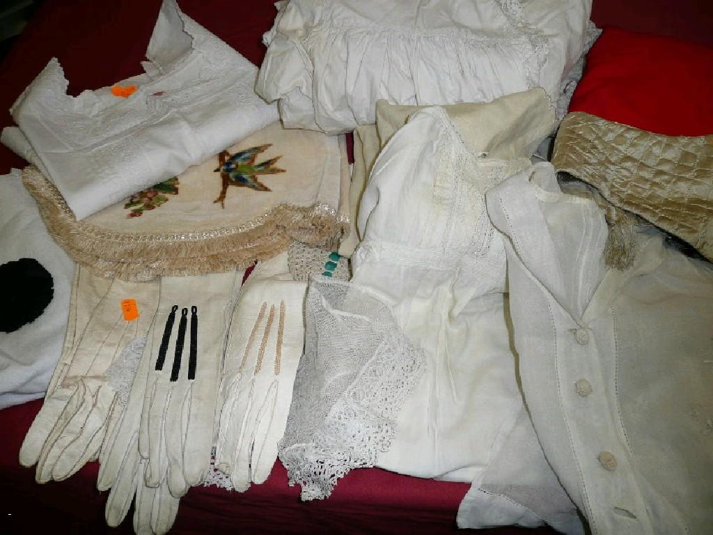 Appraisal: Vintage kid gloves nightdress pinnys child's cape etc