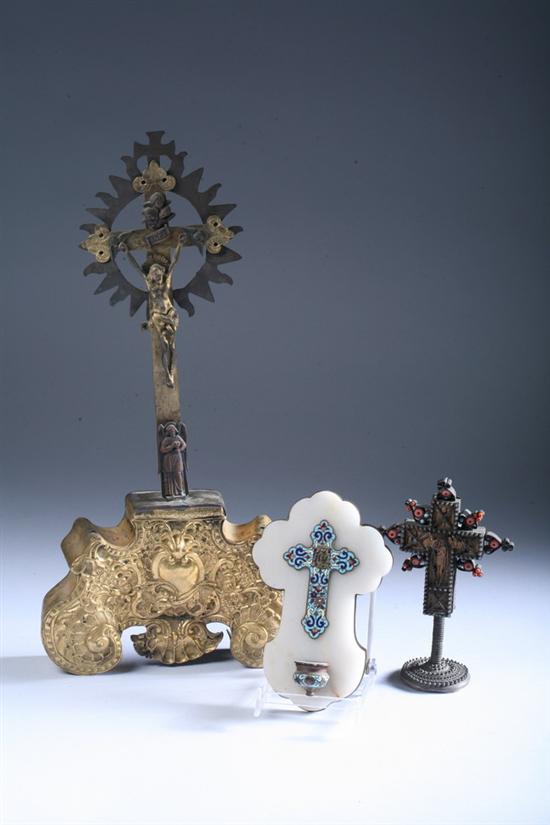 Appraisal: THREE RELIGIOUS ITEMS Including a gilt metal crucifix on stand